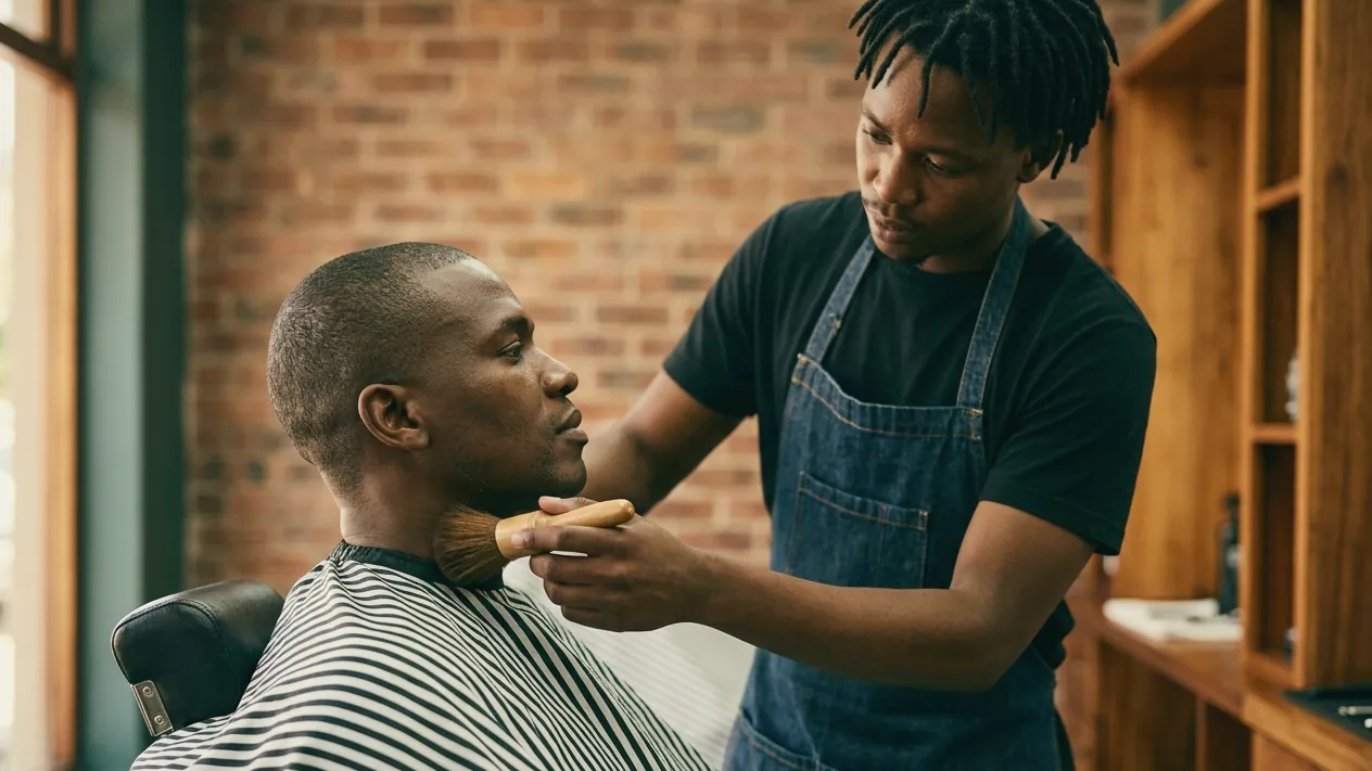 A barber in a denim apron sweeps cut hair from a client’s neck with a soft brush