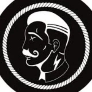 The Real Barber’s badge: a man in profile with a quiff and moustache, inside a rope ring