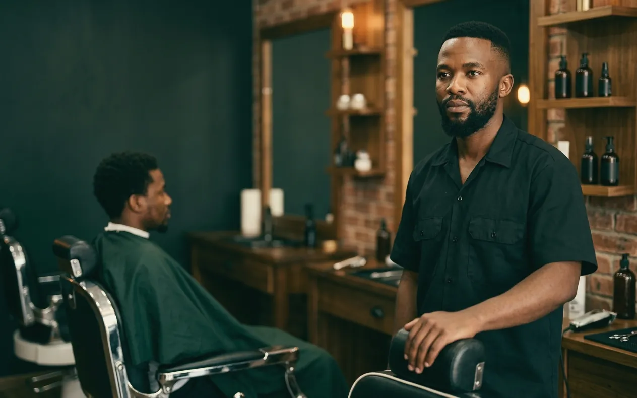 A barber in a black shirt stands beside a barber chair in the shop