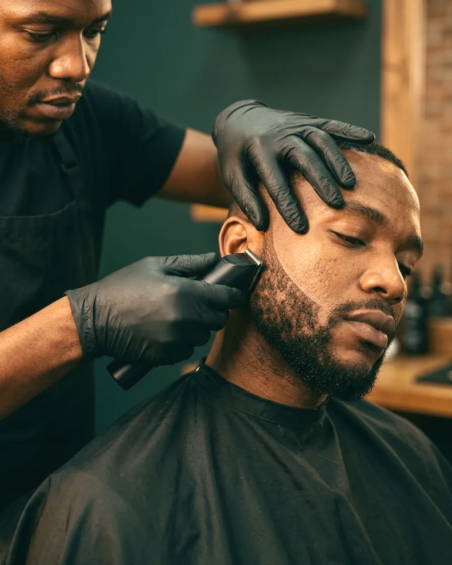Gloved hands line up a man’s beard with a trimmer