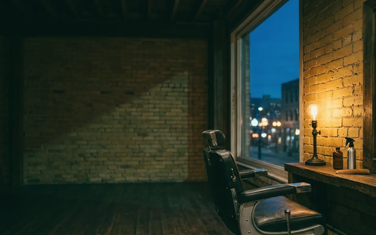 A black leather barber chair beside a tall window at dusk, a lamp glowing on the brick wall