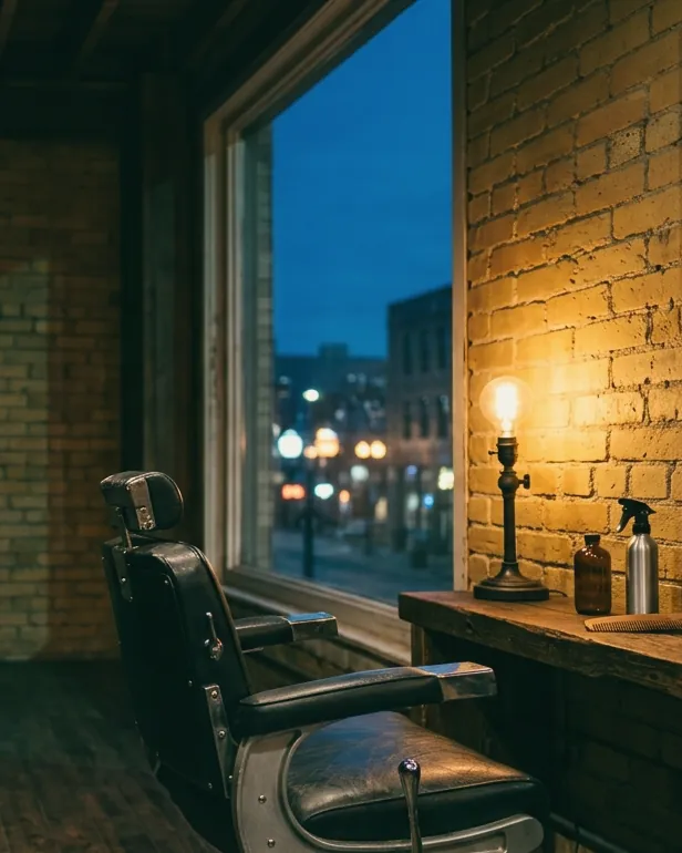 A black leather barber chair beside a window at dusk, a lamp glowing on a timber counter