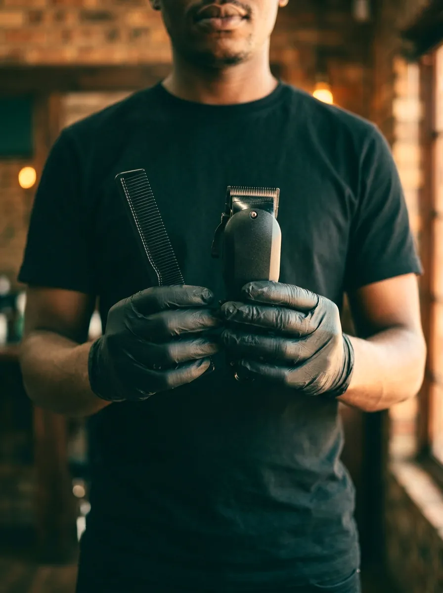 A barber in black gloves holds clippers and a comb at his chest