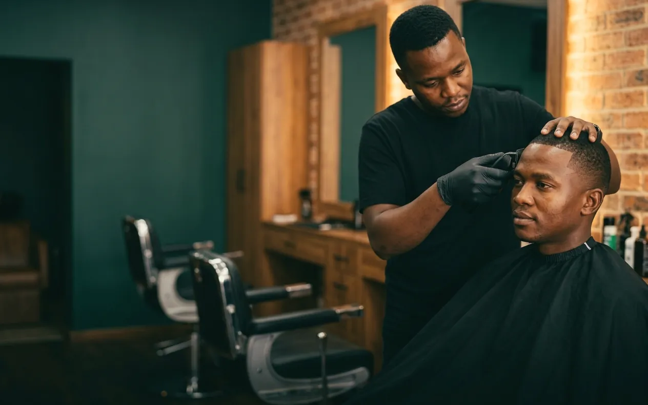 A barber edges a seated client’s hairline with a trimmer