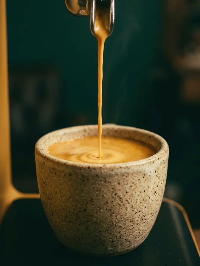 Espresso pours into a speckled handmade cup
