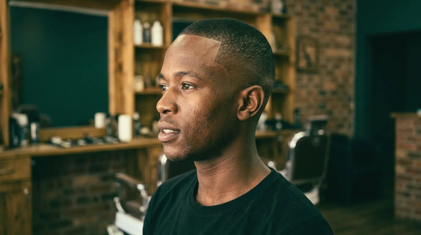 A young man in profile with a fresh skin fade and a sharp line-up