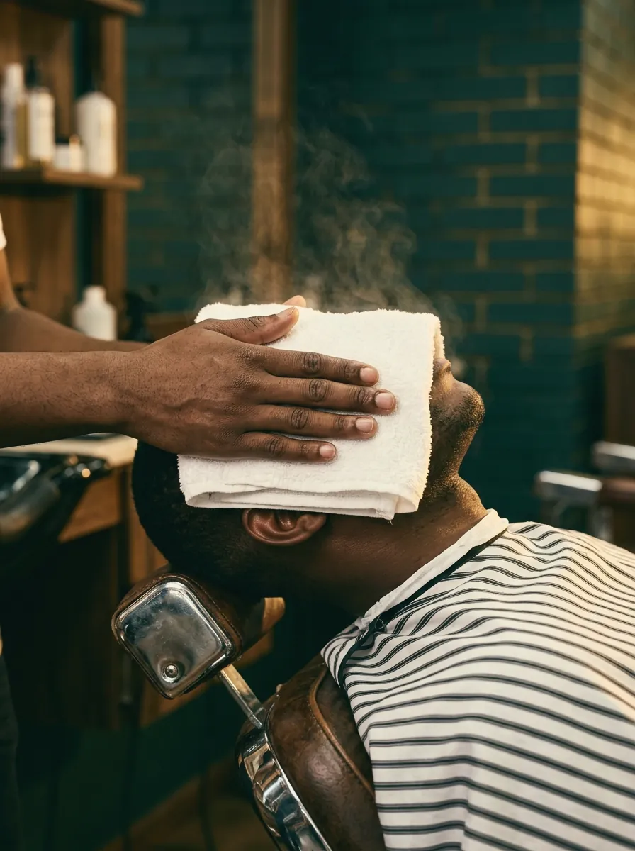 A barber presses a steaming hot towel over a reclined client’s face