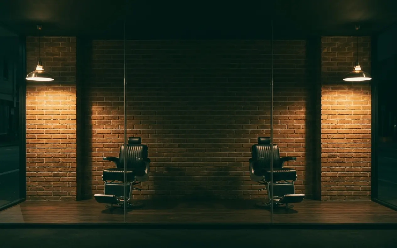 An empty barbershop at night, seen through the window: black leather barber chairs and pendant lamps against a brick wall