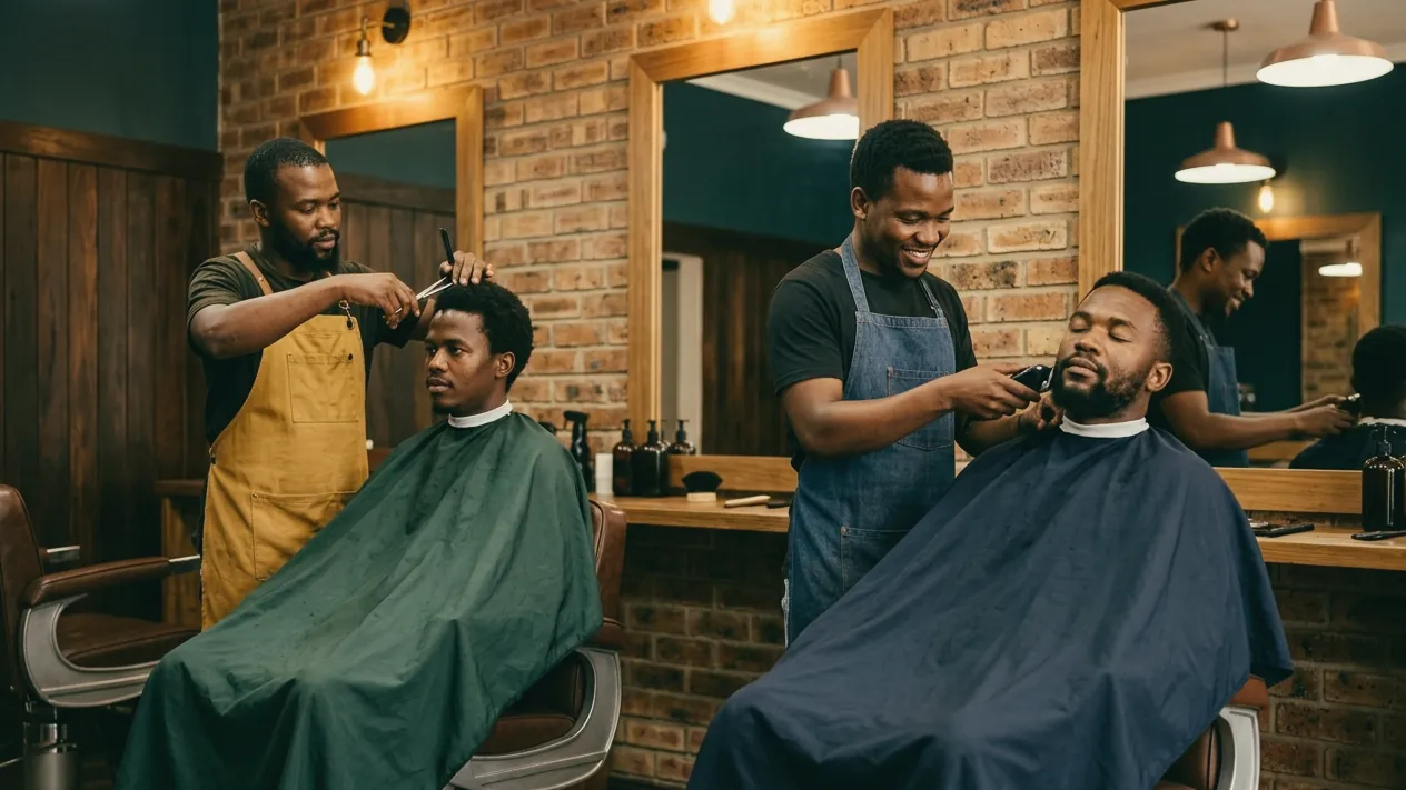 Two barbers at work on two caped clients under pendant lamps, with mirrors and a brick wall behind