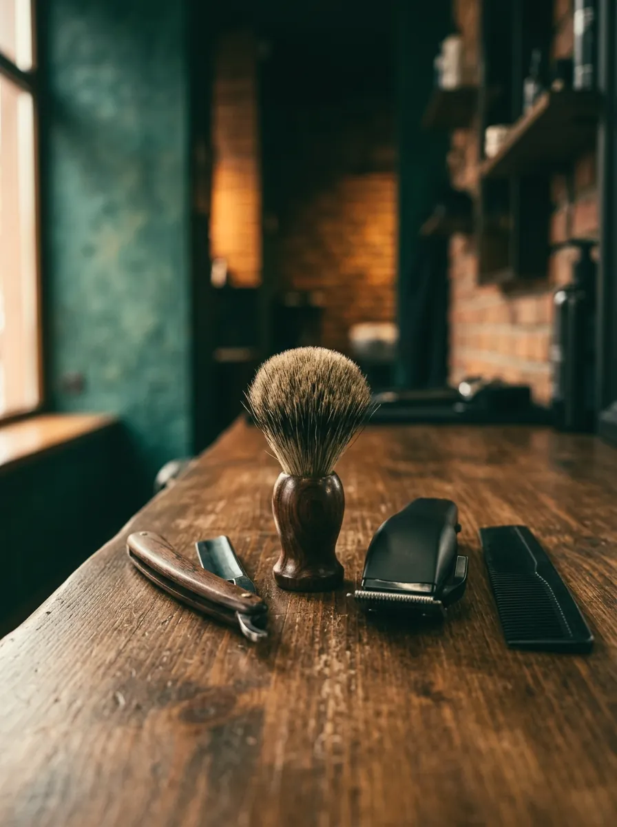 A straight razor, a shaving brush, clippers and a comb on a timber counter