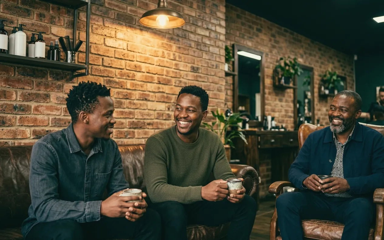 Men laugh over coffee in handmade cups against a brick wall